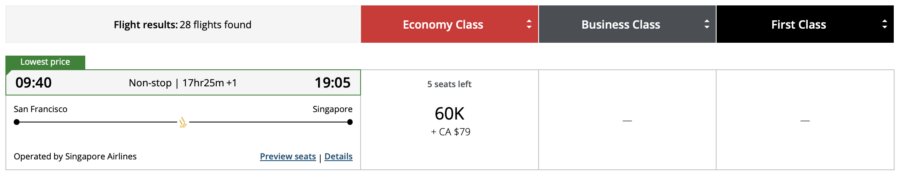 Screenshot of Aeroplan search results
