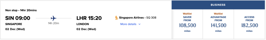 Screenshot of Singapore Airlines search results