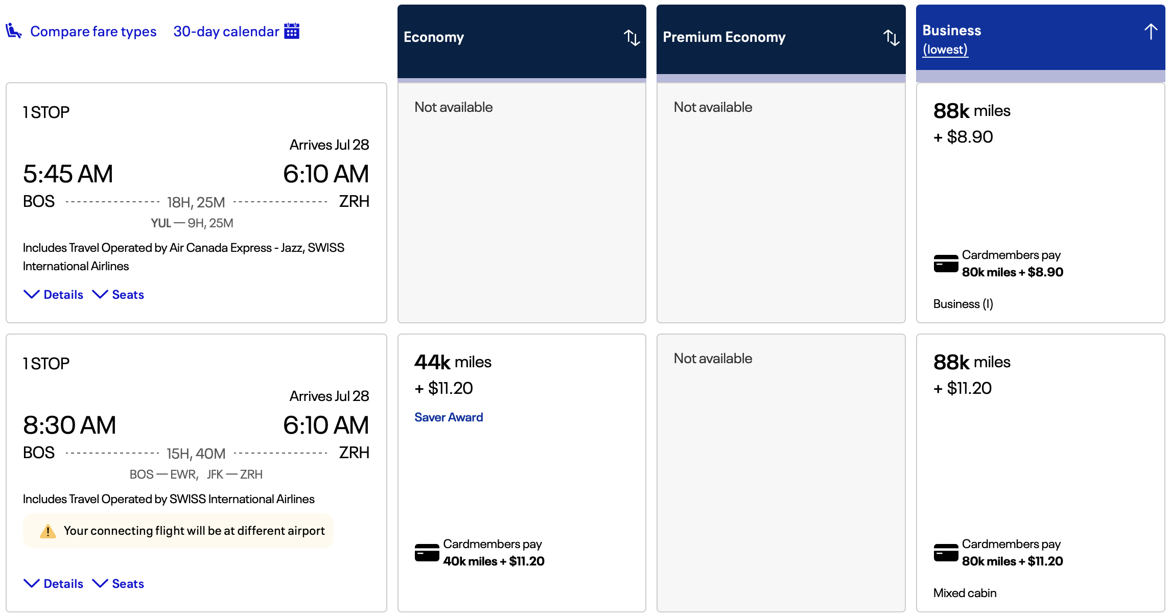 BOS to ZRH via United MileagePlus