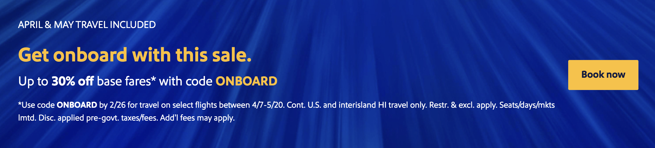 Southwest Airlines 30% off February sale promo banner.
