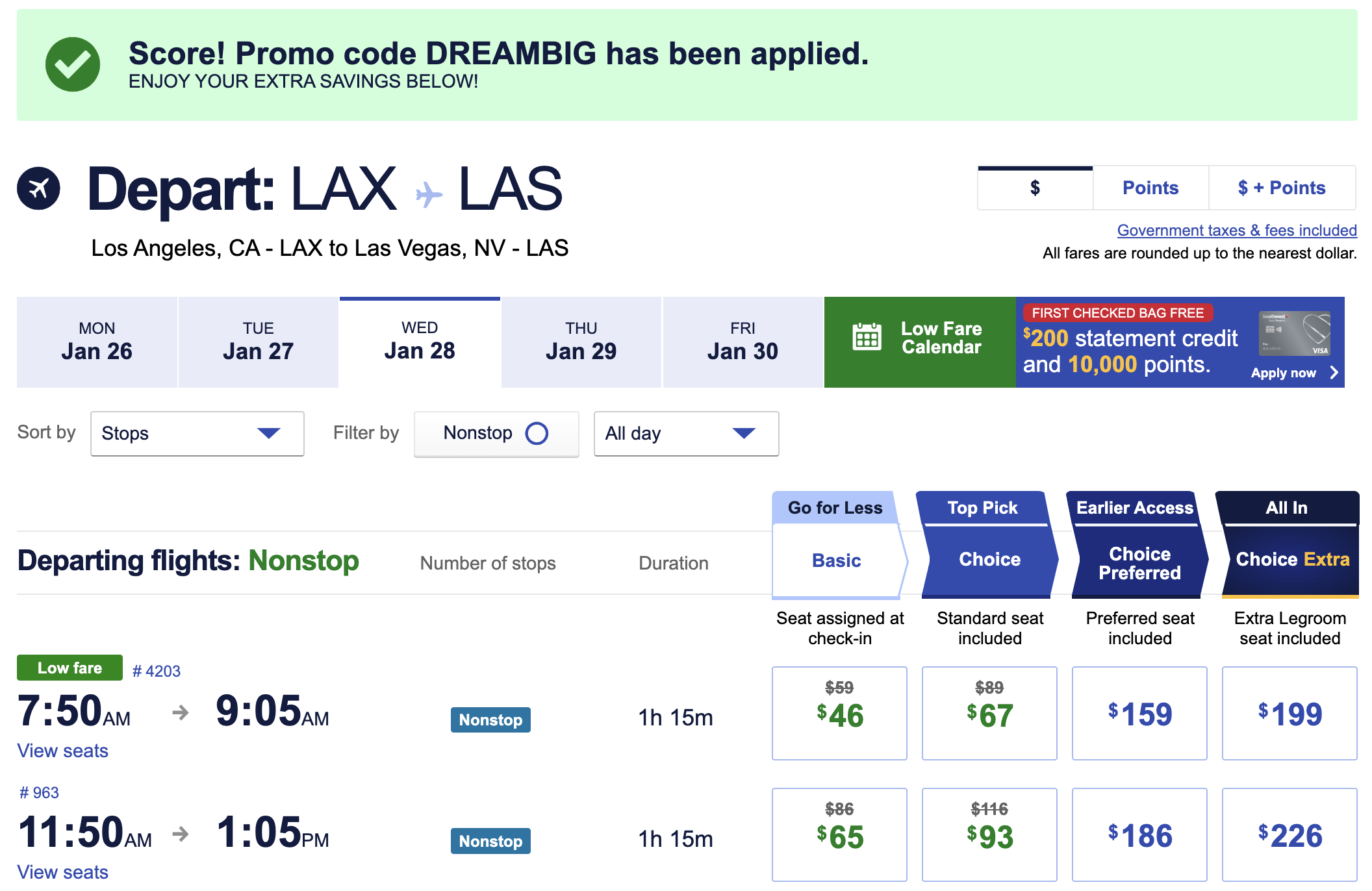 Southwest fares with promo code applied.