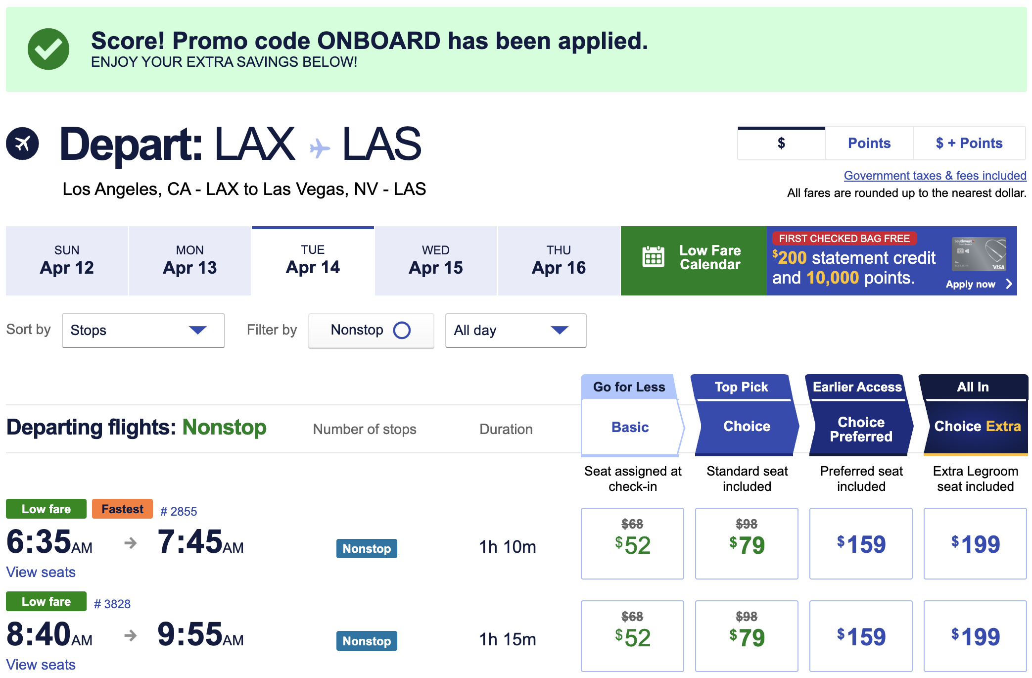 Discounted Southwest fares between LAX and LAS.