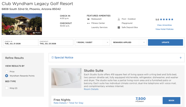 Wyndham Rewards free night redemption at Legacy Golf Resort