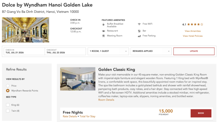 Wyndham Rewards free night redemption at Dolce Hanoi