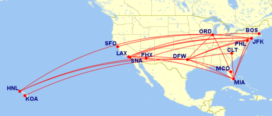 Map of all domestic routes where American Airlines is flying lie-flat seats in March 2026