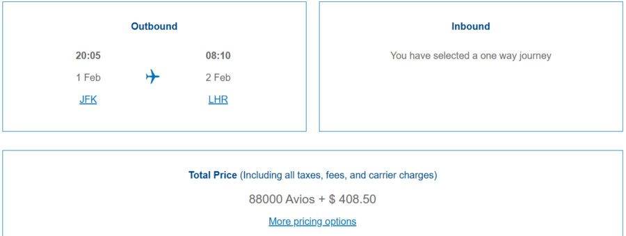 Business with Avios. Screenshot of British Airways.