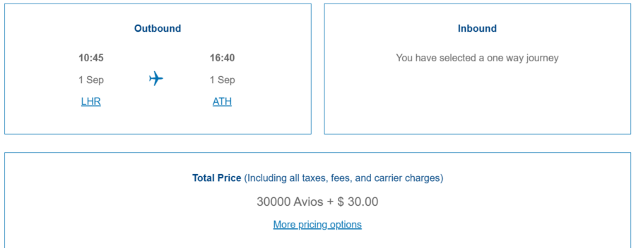 London to Athens business award flight. Screenshot of British Airways.