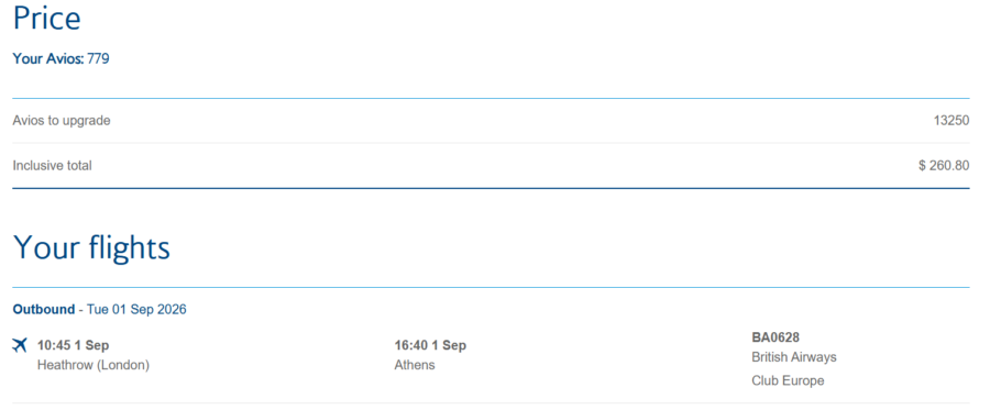 London to Athens upgrade with Avios