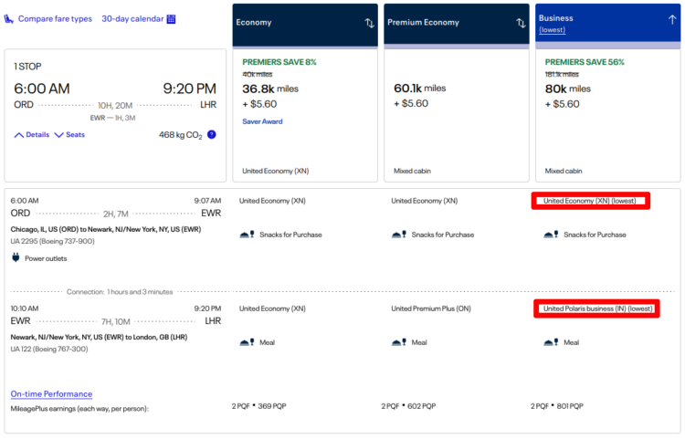 Indications of special member pricing on ORD-EWR-LHR United booking