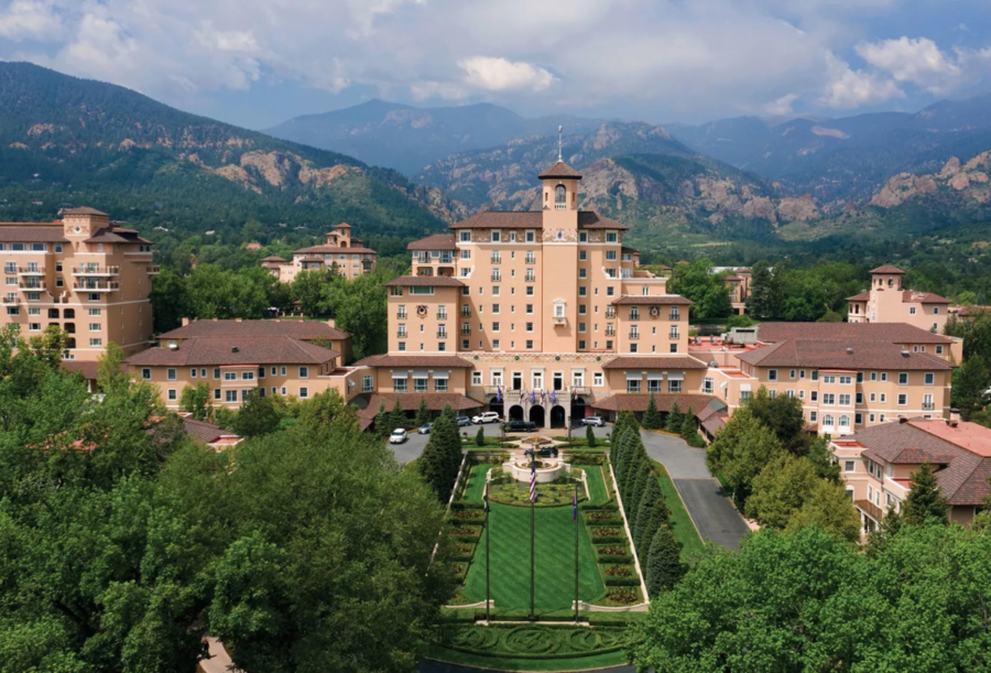 An exterior view of The Broadmoor Hotel near Colorado Springs, Colorado