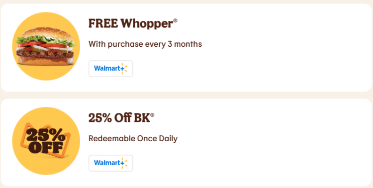 Screen Shot from Burger King showing the free whopper and discount perks