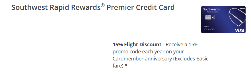 Southwest Rapid Rewards Premier cardholders get a 15% promo code each year. 