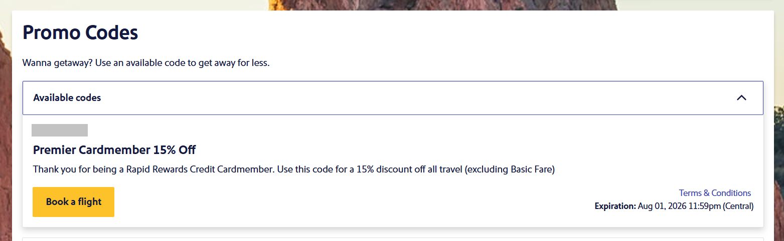 Screenshot of Southwest website showing 15% off discount code