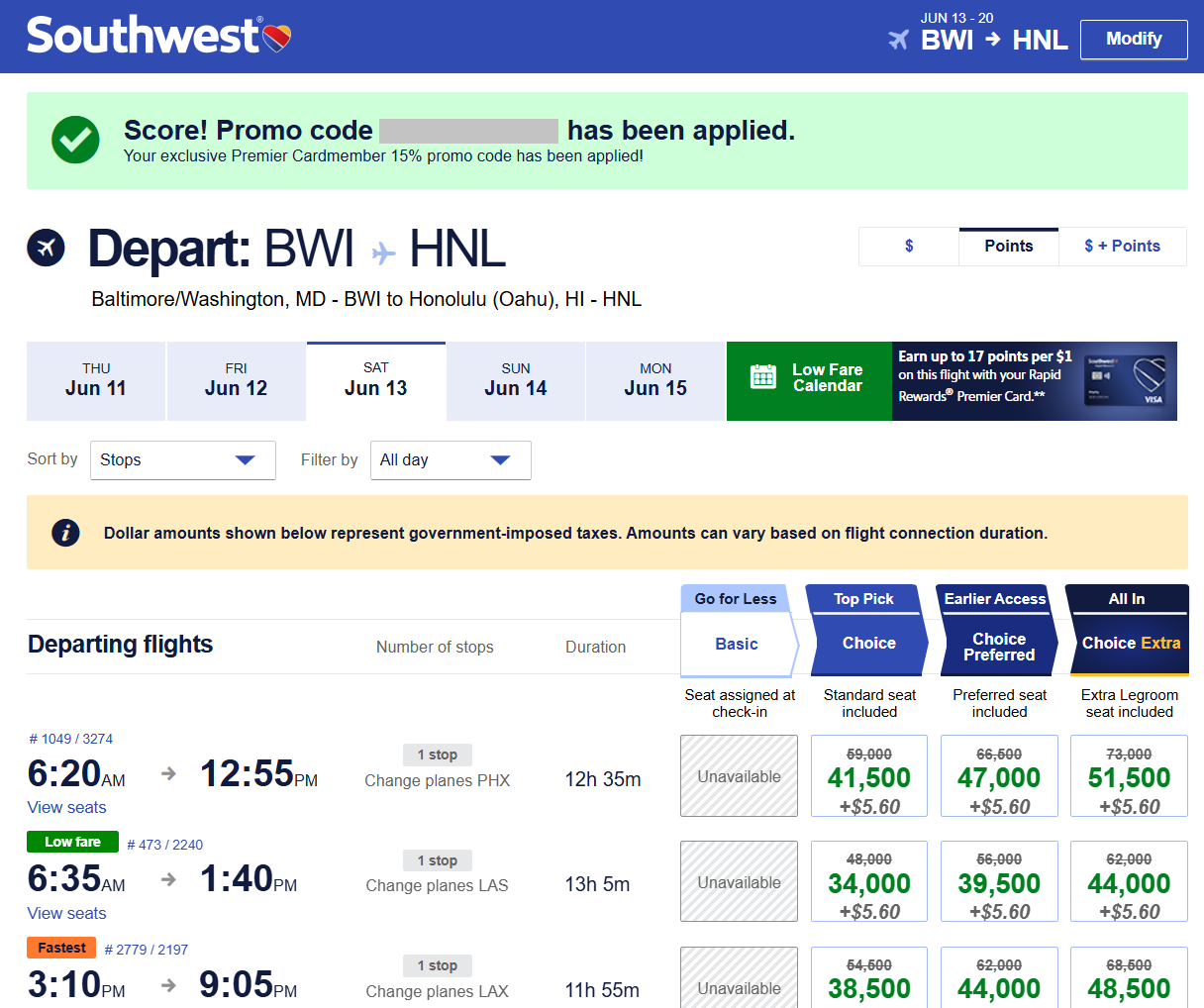 BWI to HNL using promo code
