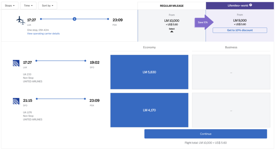 LifeMiles itinerary from LAX to PDX