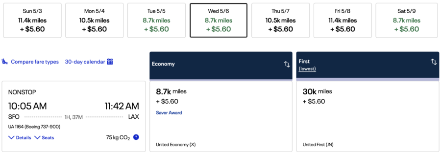 United award from SFO to LAX