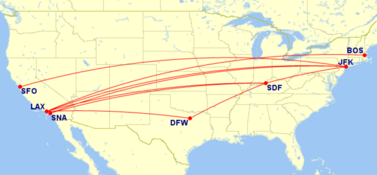Map of domestic routes where American Airlines is flying lie-flat seats on A321T in April 2026