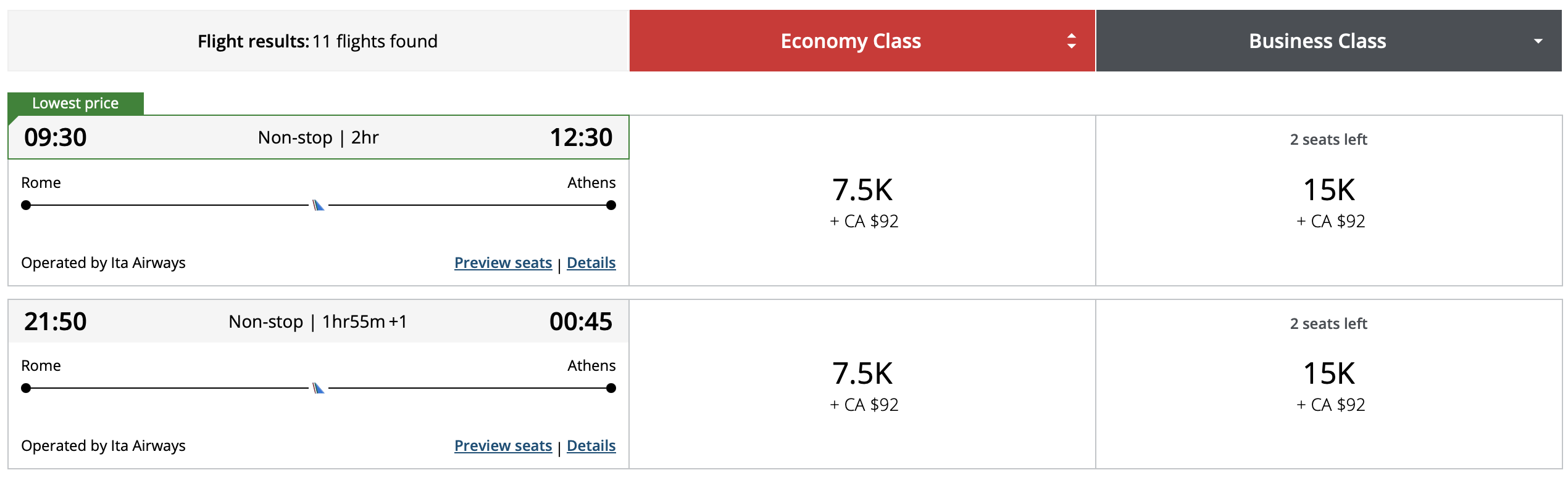 ITA flight from FCO to ATH bookable through Air Canada.