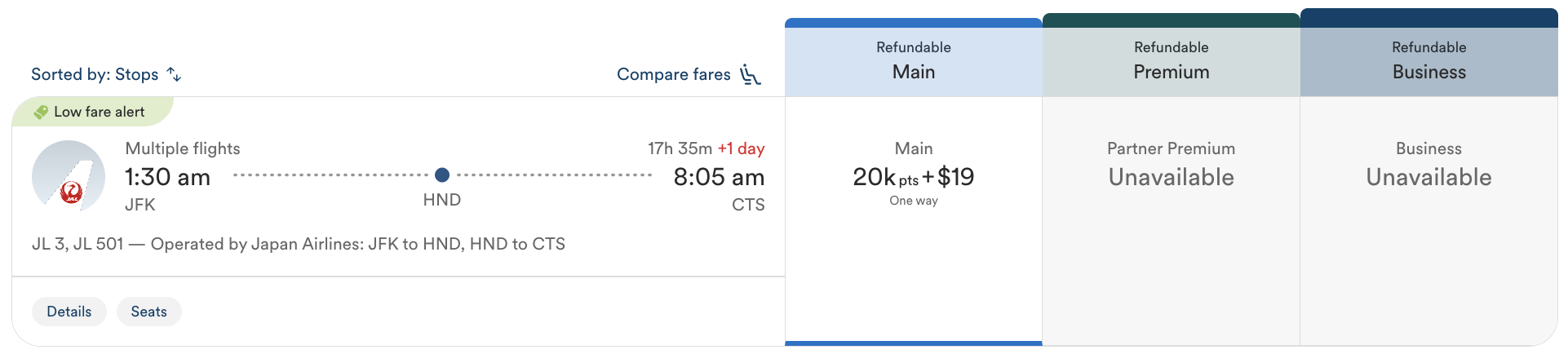 Alaska Airlines award: JAL from JFK to CTS