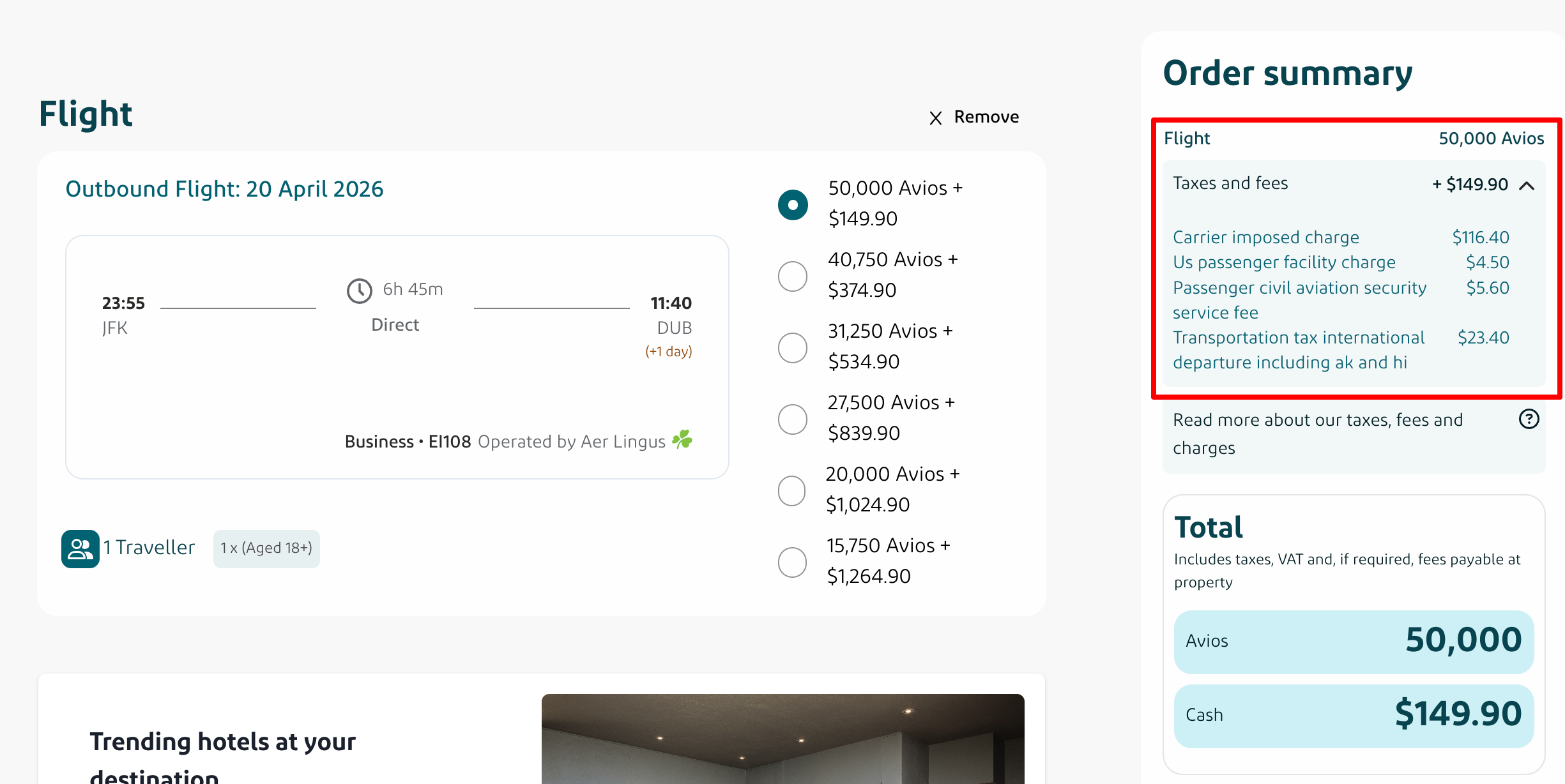 A screenshot showing the breakdown of taxes and fees for an Aer Lingus AerClub award flight from New York to Dublin