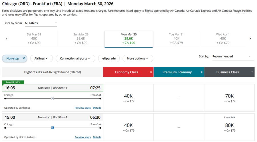 Screenshot of Aeroplan award pricing from Chicago to Frankfurt on Lufthansa and United