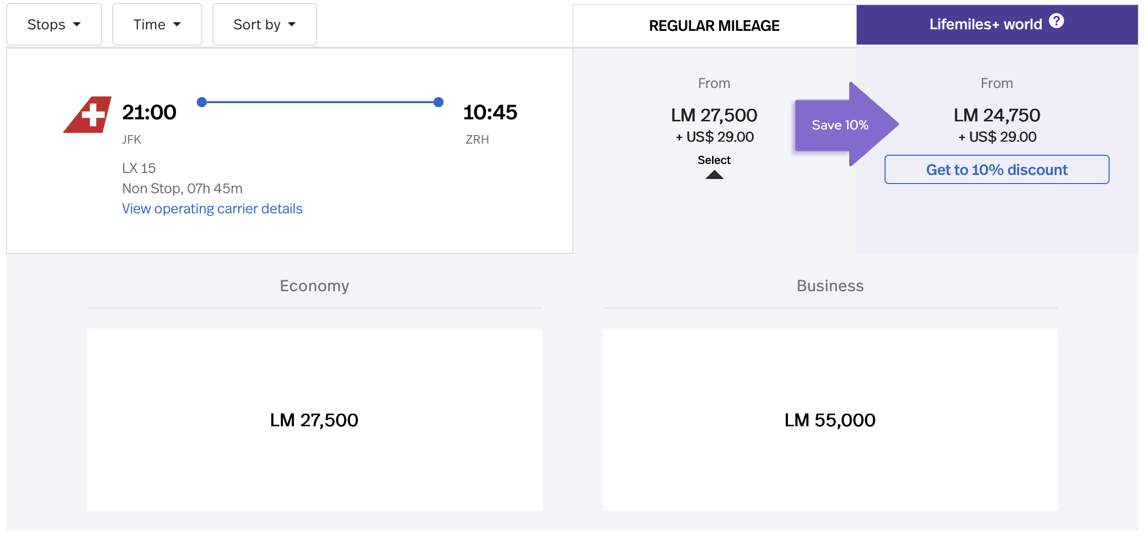 Avianca award on SWISS from JFK to ZRH.