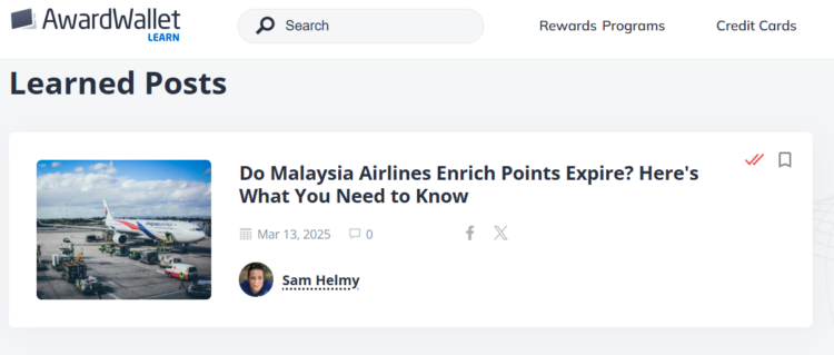 Screenshot of AwardWallet Learn page for Learned posts