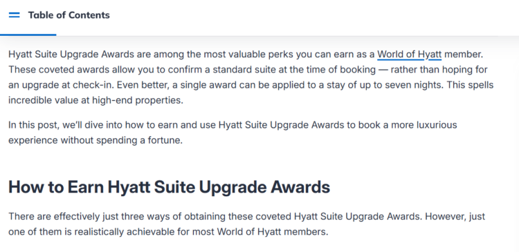 Screenshot of AwardWallet Learn page with table of contents found at the top