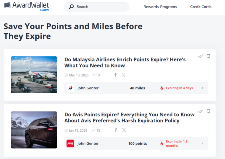 Screenshot of AwardWallet Learn expiring points and miles section