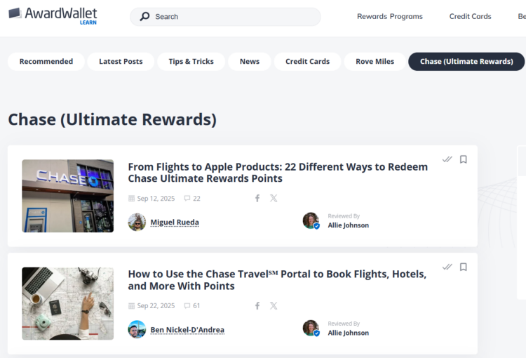 Screenshot of AwardWallet Learn top navigation bar