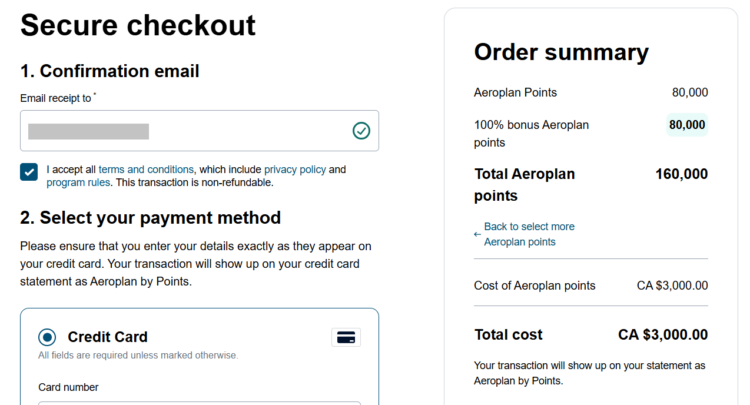 Screenshot of buying 160,000 Aeroplan points for CA$3,000