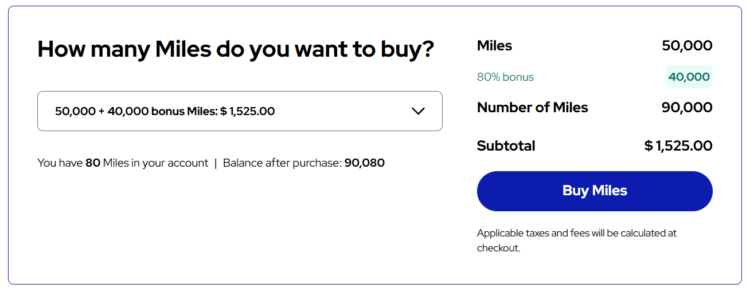 Screenshot of buying 50,000 Flying Blue miles with an 80% bonus