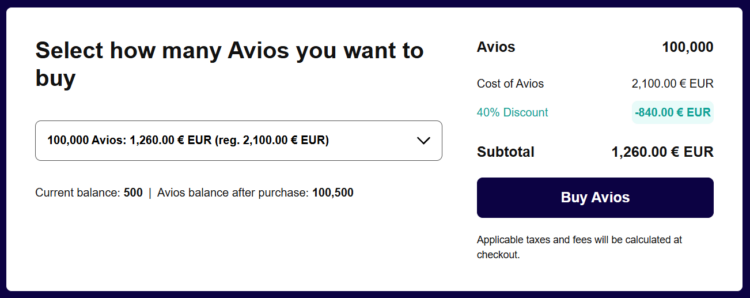 Buy 100k Finnair Avios with 40% discount example in euro