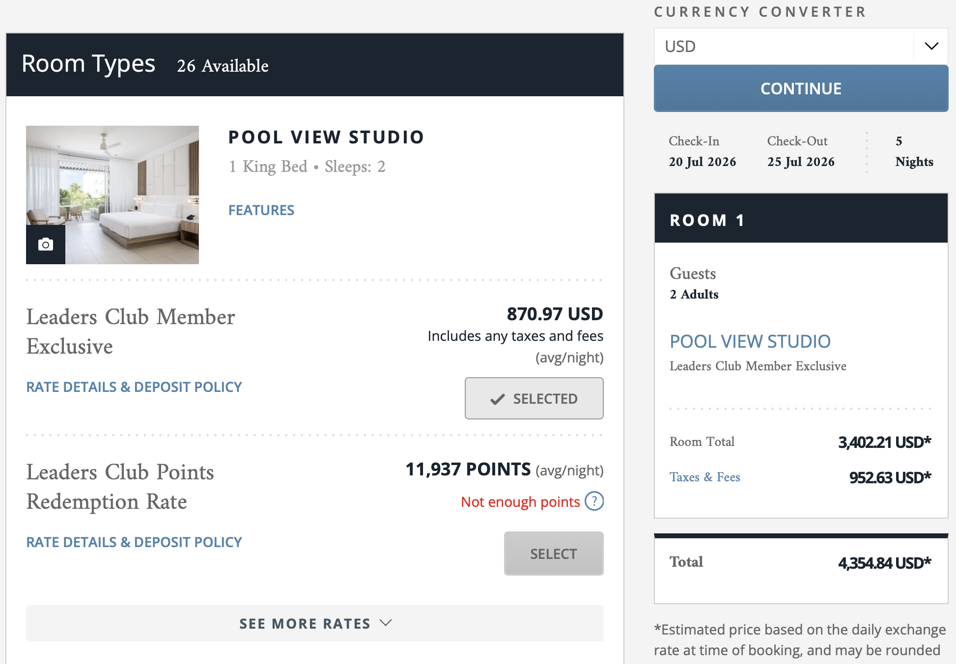 Cash/award rates at the Wymara Resort + Villas.