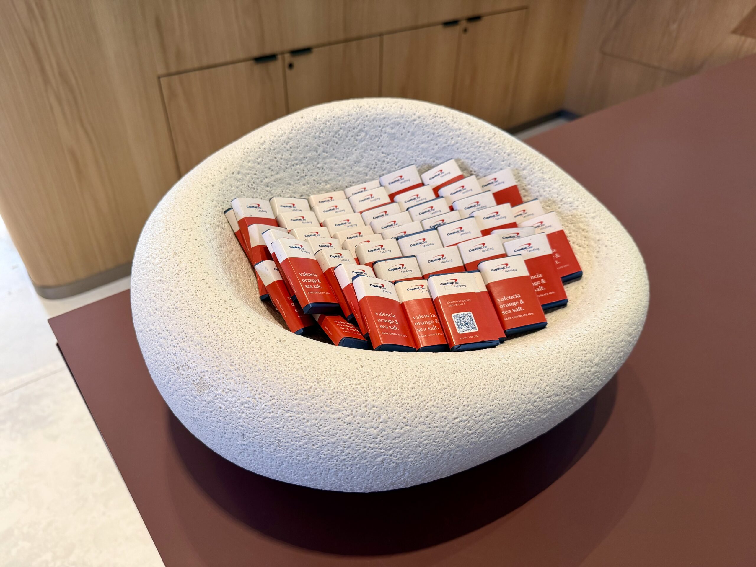 Exit chocolates at the Capital One Landing Lounge at LGA.