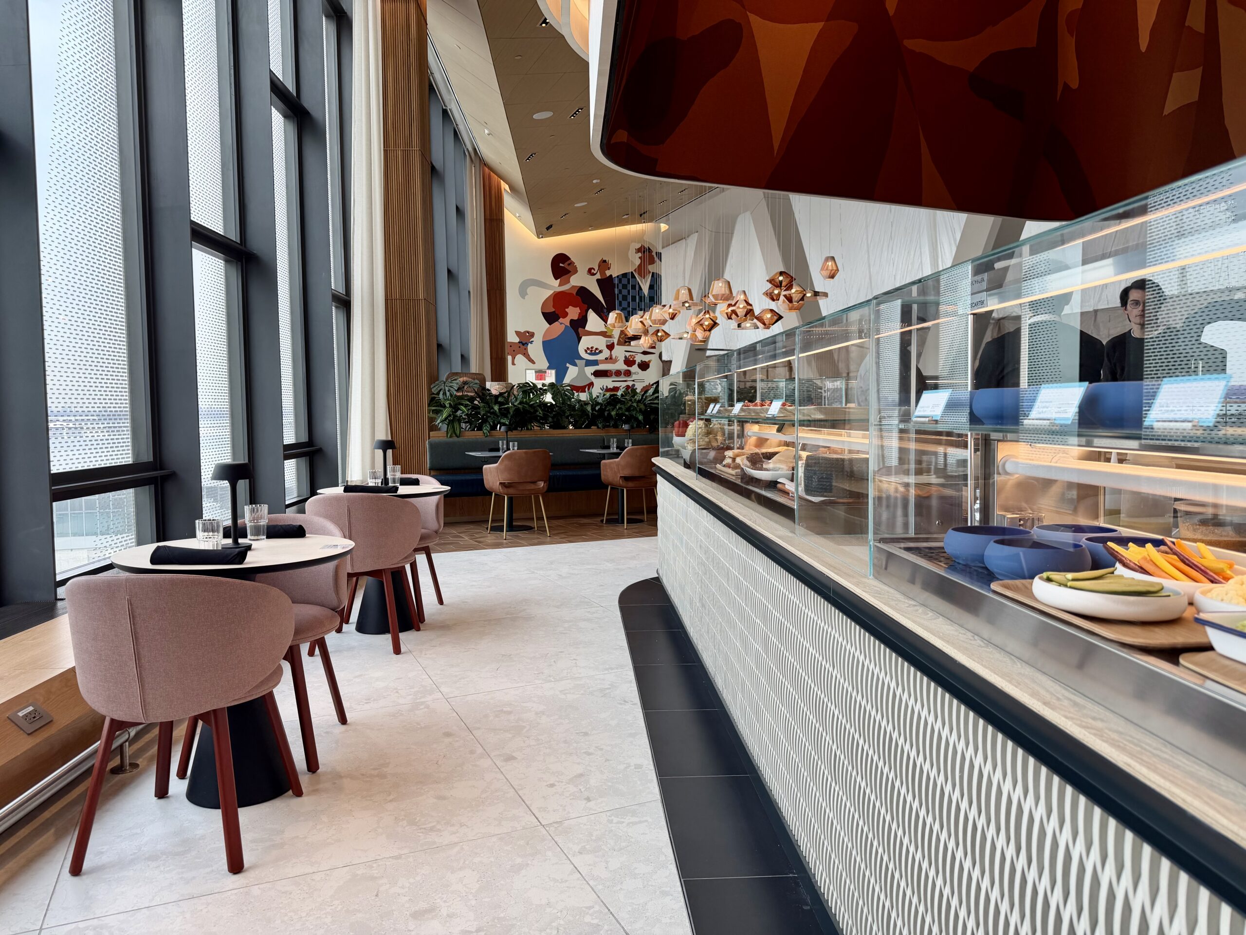 Glass cases at the Capital One Landing Lounge at LGA.