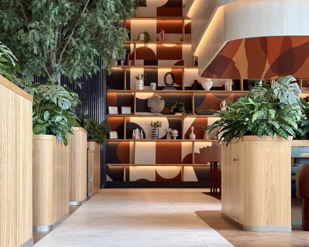 Wide angle shot of the Capital One Landing Lounge at LGA.