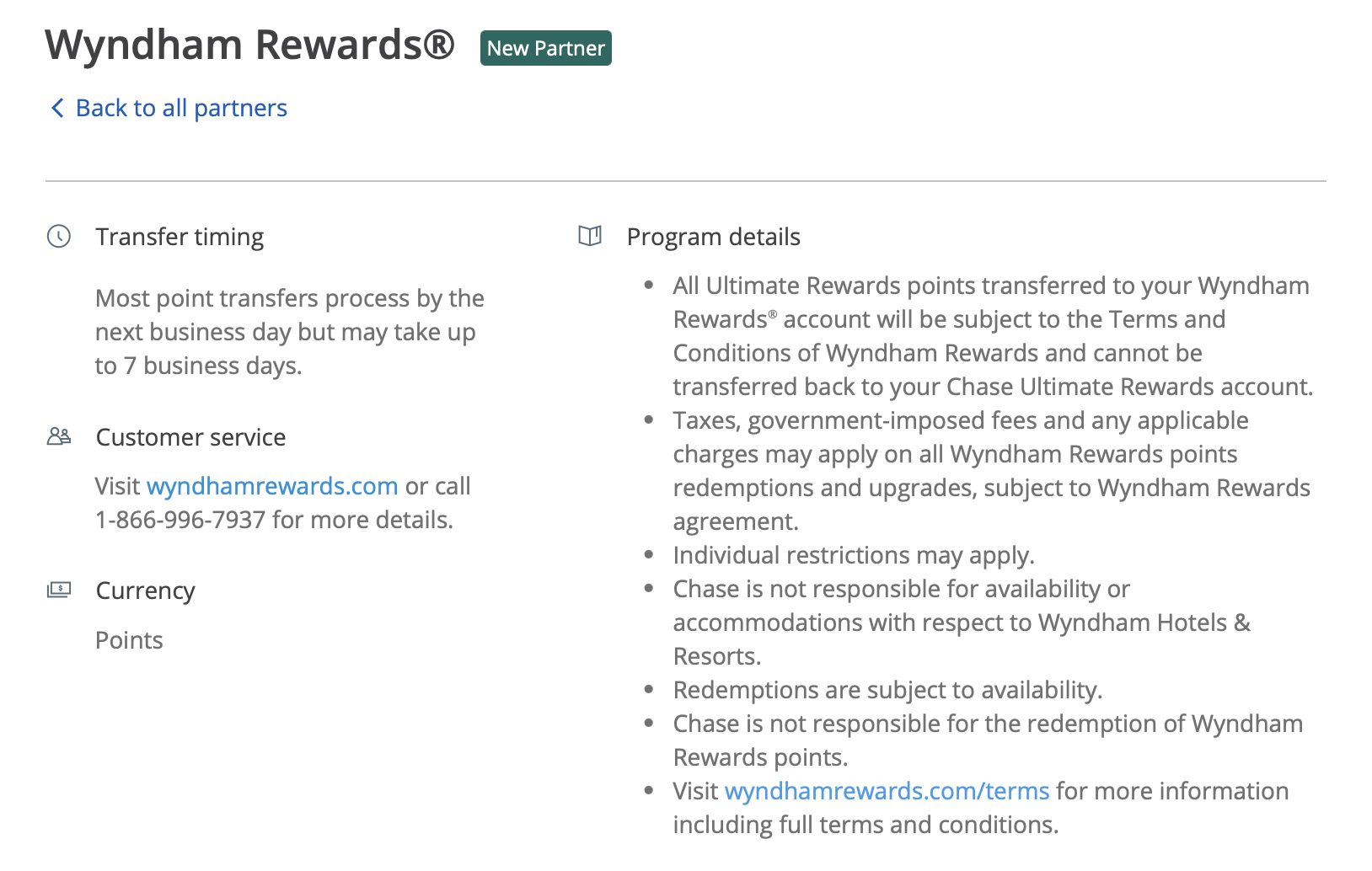 Chase Ultimate Rewards transfer partner terms fine print for Wyndham.