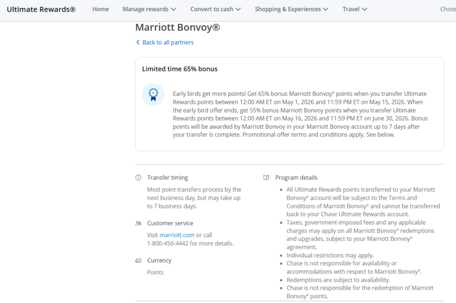 Chase Ultimate Rewards Marriott transfer bonus details