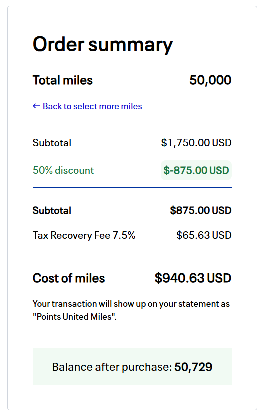 Example of buying United miles with a 50% discount
