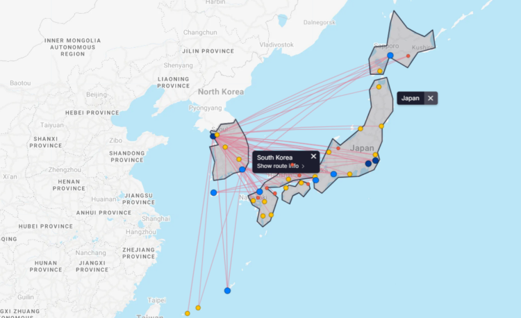 FlightConnections map of routes between Japan and Korea