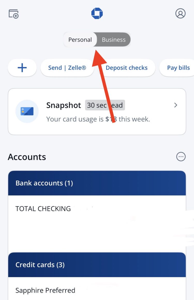 Screenshot of Chase app showing toggle from Personal to Business accounts