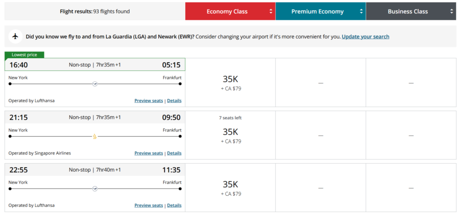 Screenshot of Aeroplan award pricing from New York to Frankfurt on Lufthansa and Singapore