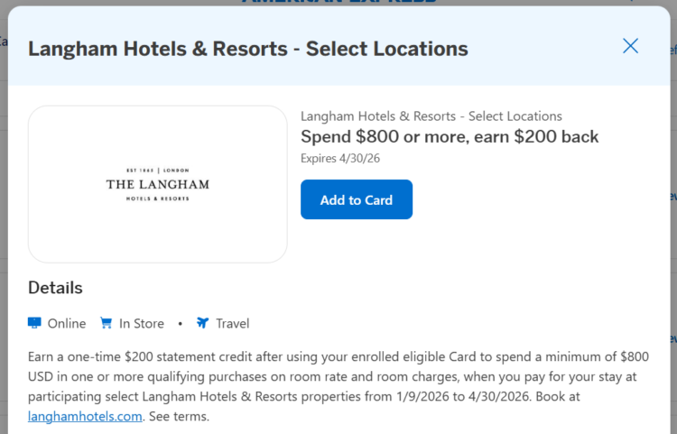 Screenshot of Amex Offer for Langham Hotels