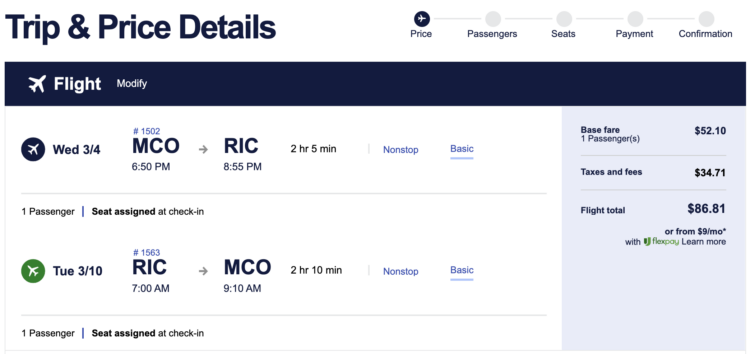 MCO to RIC return on Southwest Airlines