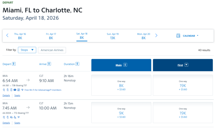 Screenshot showing AAdvantage award search results from Miami to Charlotte in lay-flat first class using AAdvantage miles