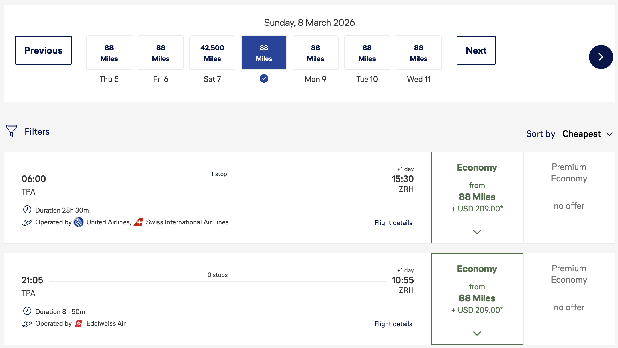 TPA to ZRH from 88 Miles & More miles.