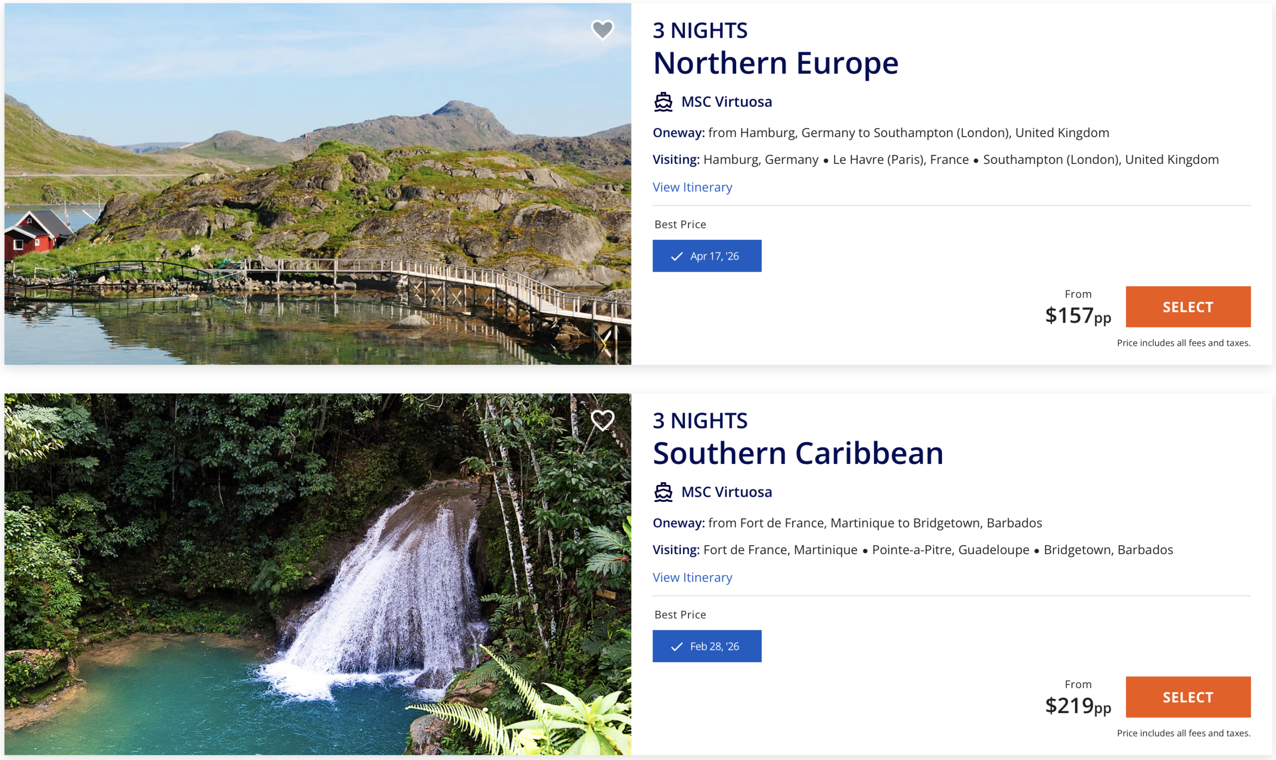 MSC Cruises rate examples.