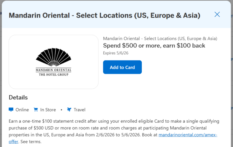 Screenshot of Amex Offer for Mandarin Oriental