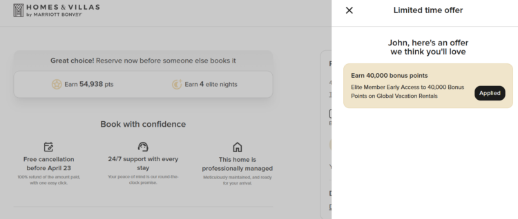 Marriott Homes & Villas checkout page showing 40,000 bonus points promotion applied